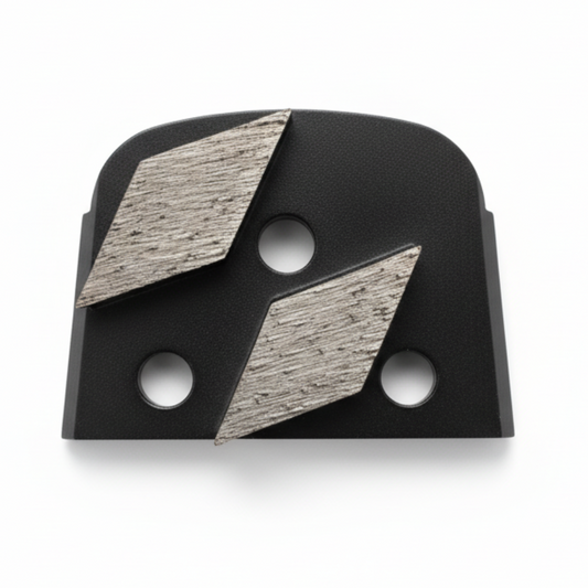 Double Rhombus diamond grinding plate with tapered edges and two diamond segments on black base for enhanced concrete grinding